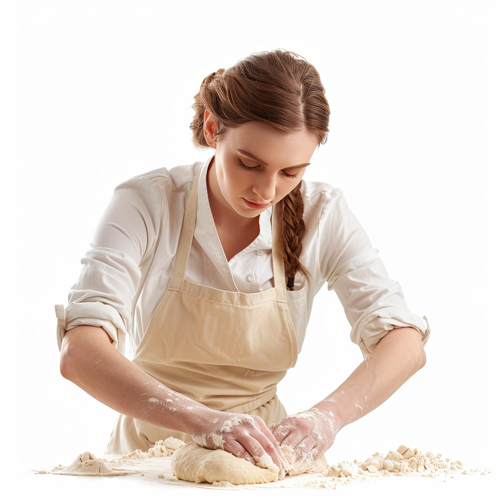 Student kneading dough on wooden table