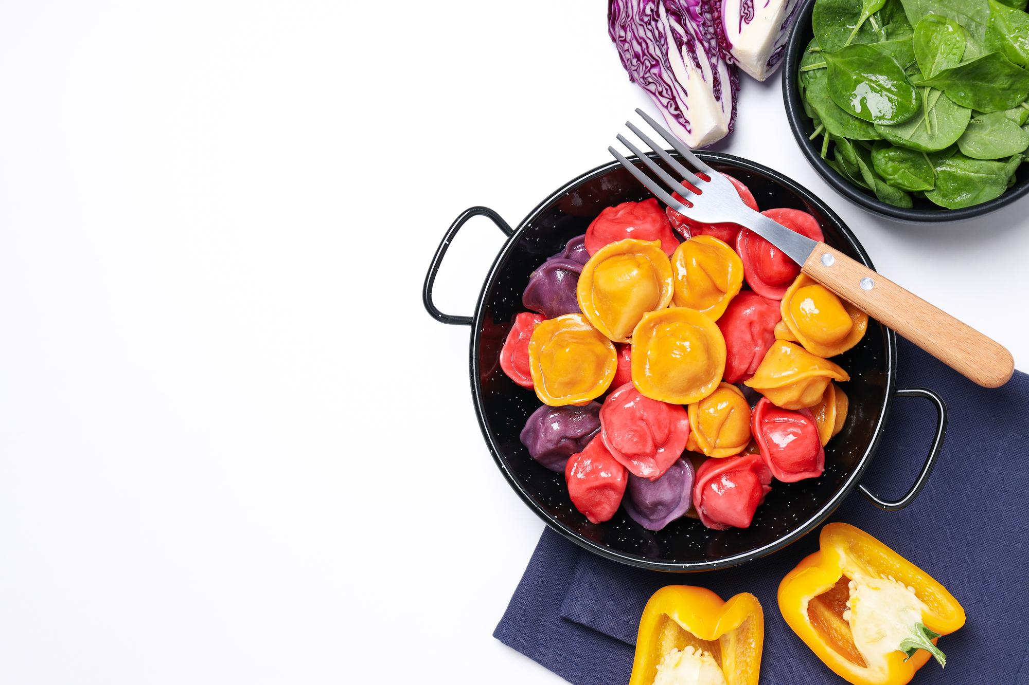 Close-up of saute pan with colorful vegetables